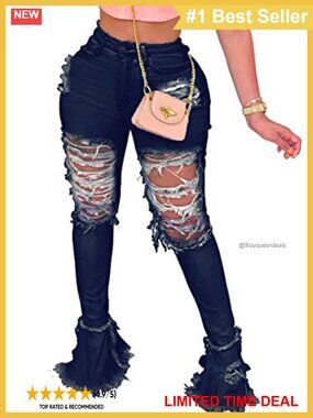 Women's Bell Bottom Flare Jeans Ripped Raw Hem Denim High Rise Stretchy Jegging